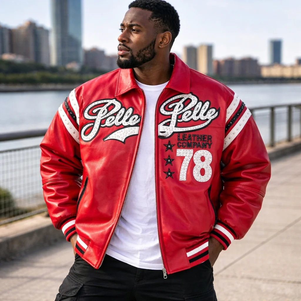 Pelle Pelle Encrusted Varsity Plush Red Leather Jacket