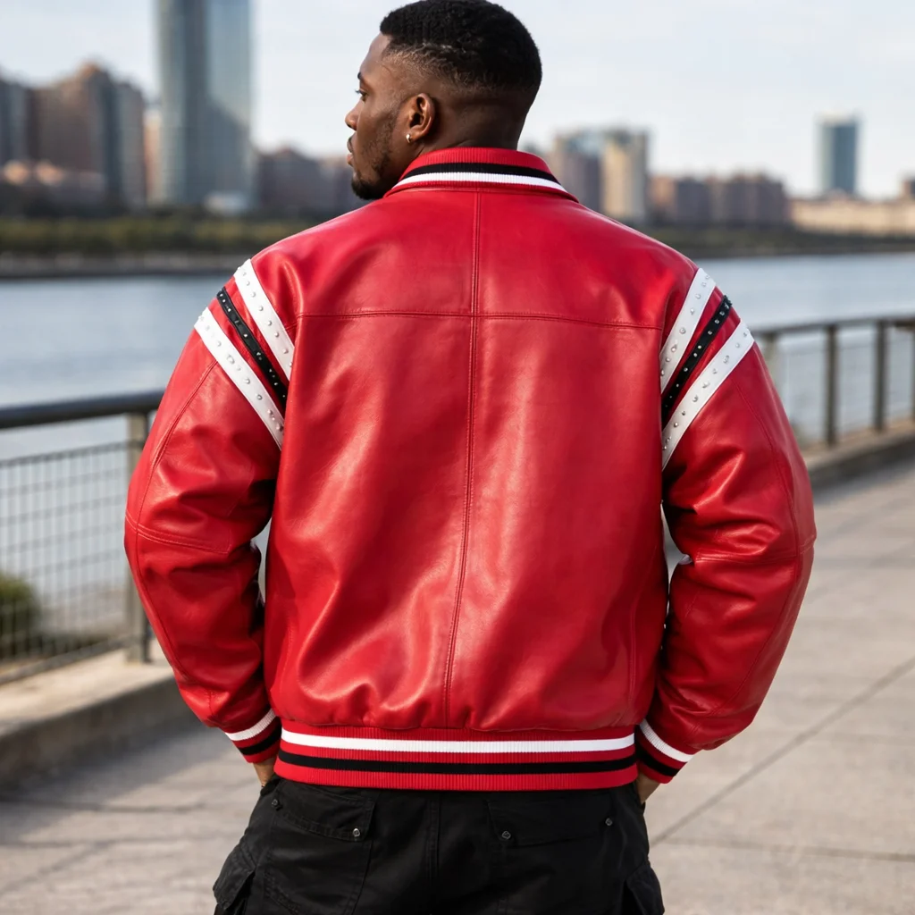 Pelle Pelle Encrusted Varsity Plush Red Leather Jacket