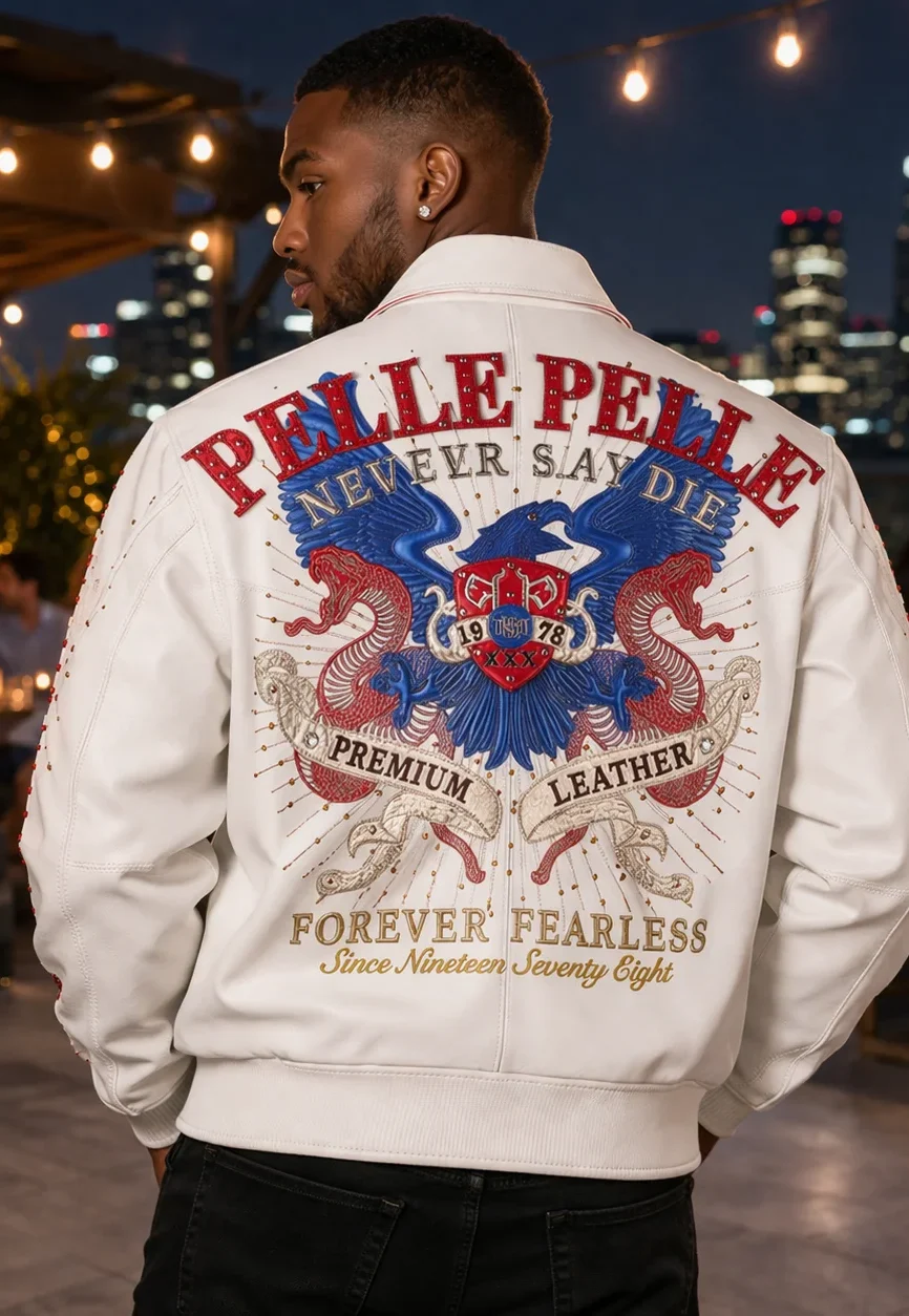Pelle Pelle MB White NEVER SAY DIE FOREVER FEARLESS Premium Leather Jacket