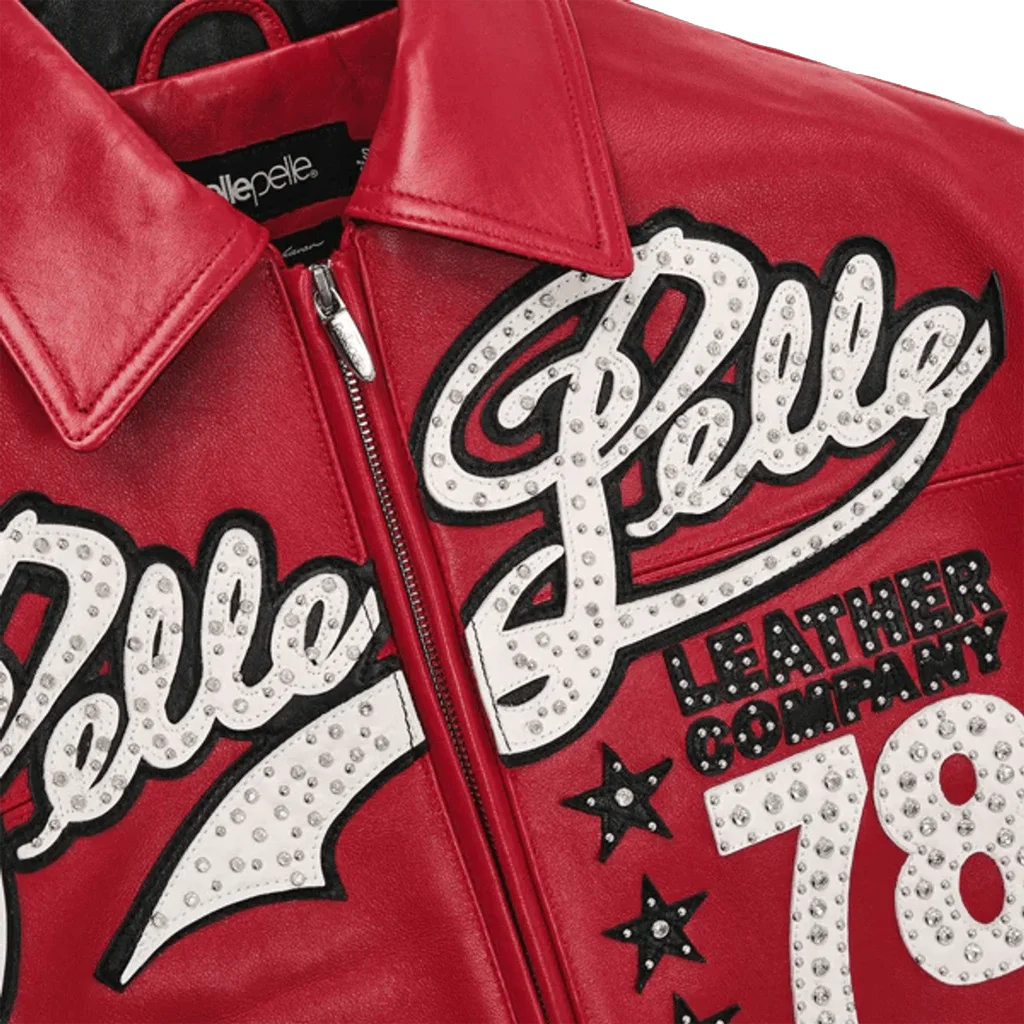 Pelle Pelle Encrusted Varsity Plush Red Leather Jacket