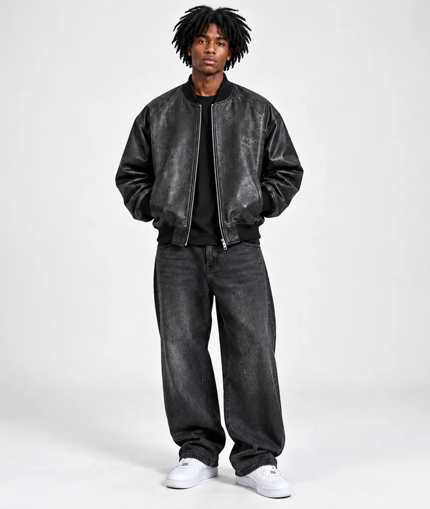 RCTERNITY Brushed Black Leather Bomber Jacket