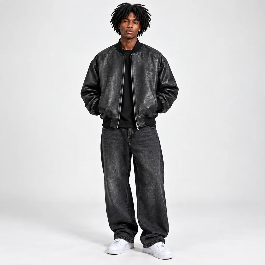 RCTERNITY Brushed Black Leather Bomber Jacket