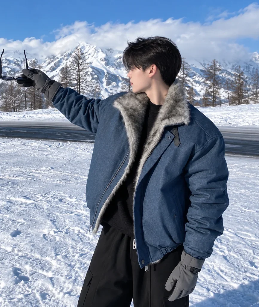 Men’s Slate Blue Fur-Lined Winter Bomber Jacket