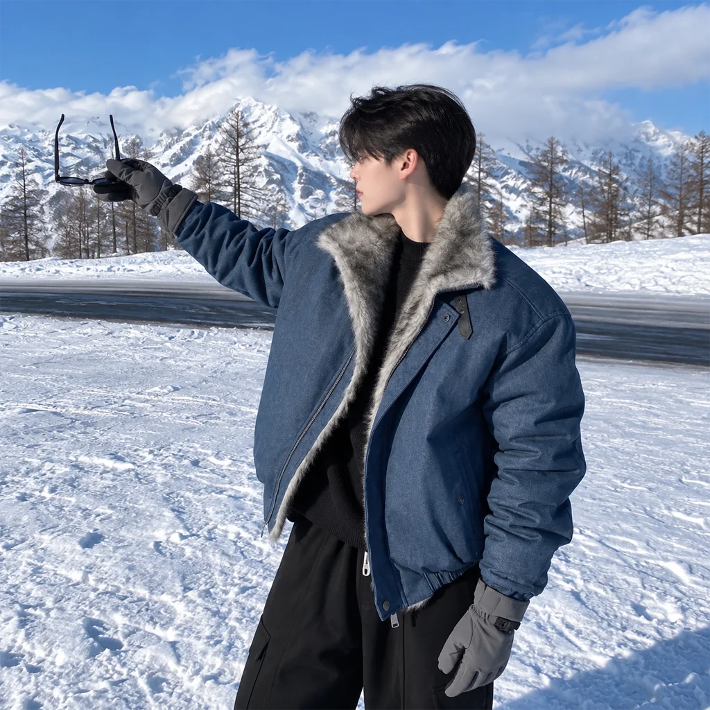 Men’s Slate Blue Fur-Lined Winter Bomber Jacket