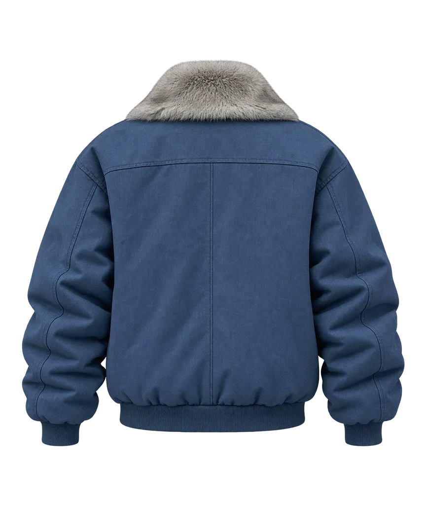 Men’s Slate Blue Fur-Lined Winter Bomber Jacket