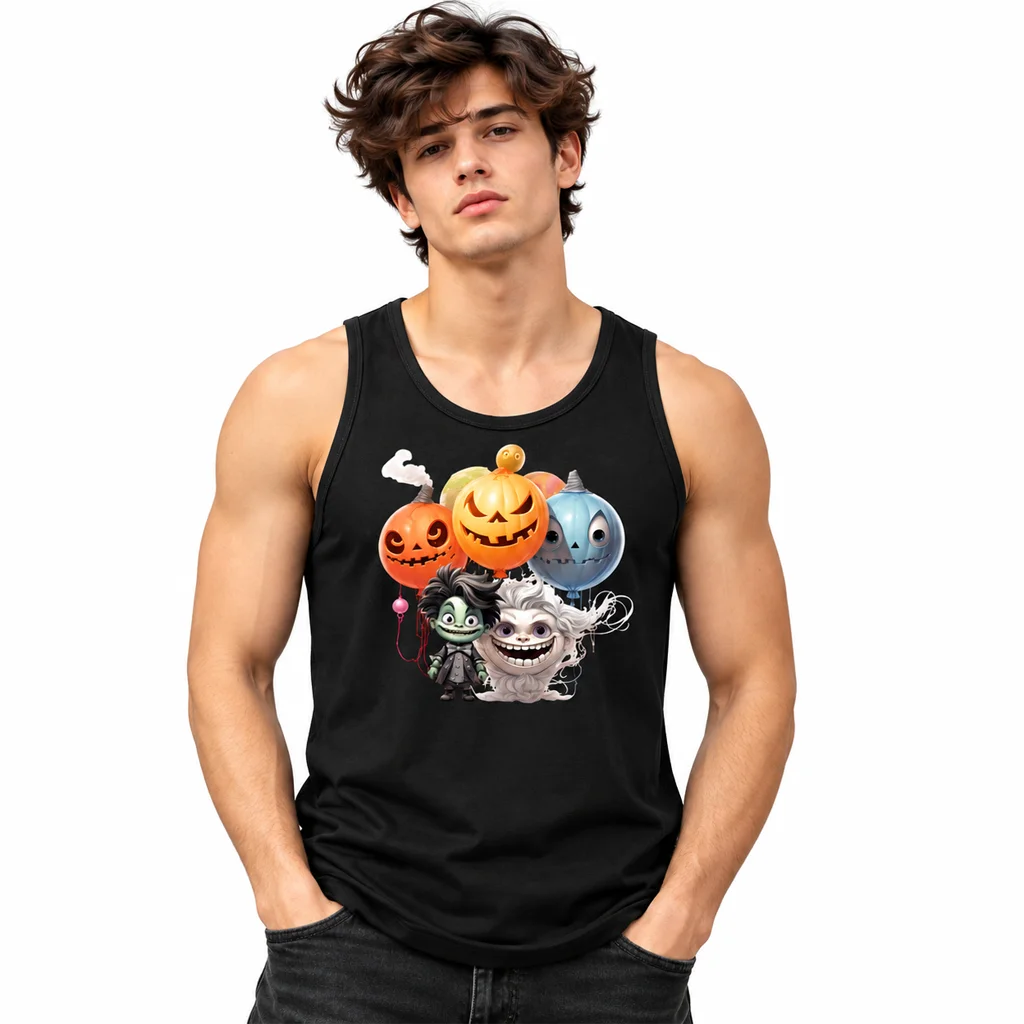 Spooky Monster and Pumpkin Graphic Black Tanktop