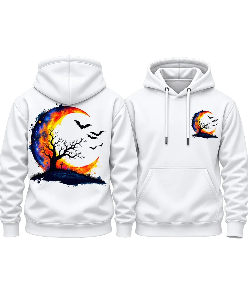 Watercolor Halloween Crescent Moon and Bats Dual-Print White Hoodie