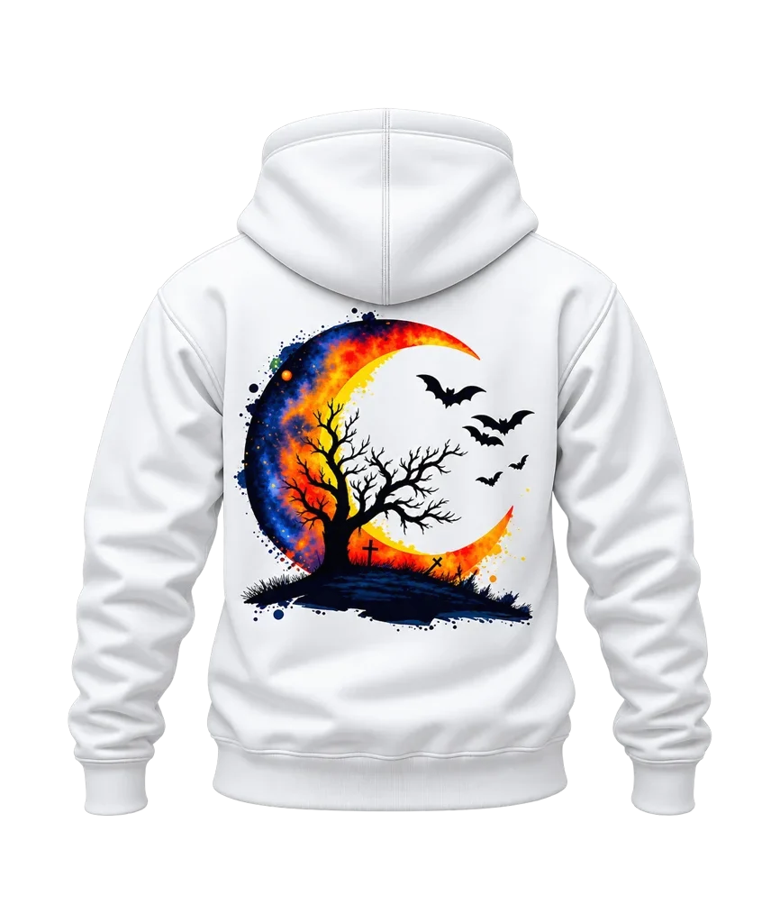 Watercolor Halloween Crescent Moon and Bats Dual-Print White Hoodie