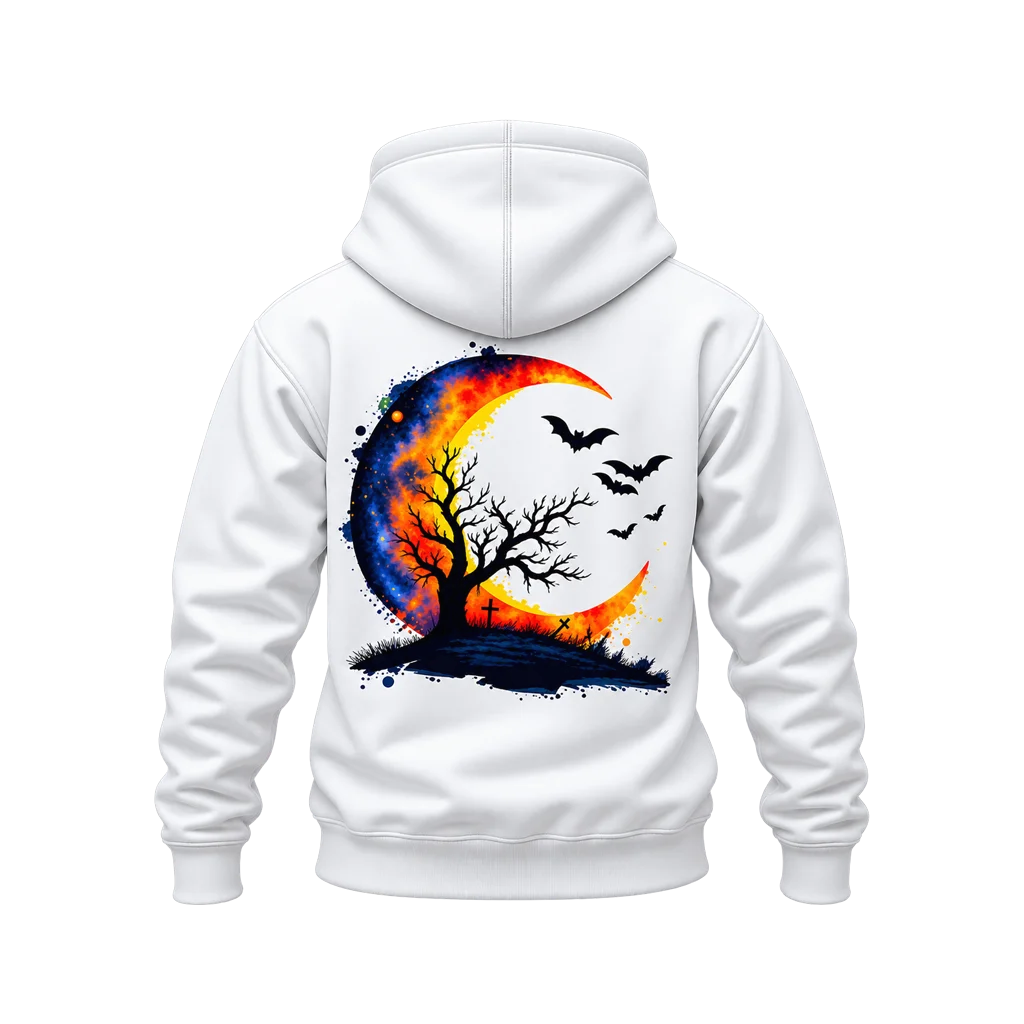 Watercolor Halloween Crescent Moon and Bats Dual-Print White Hoodie
