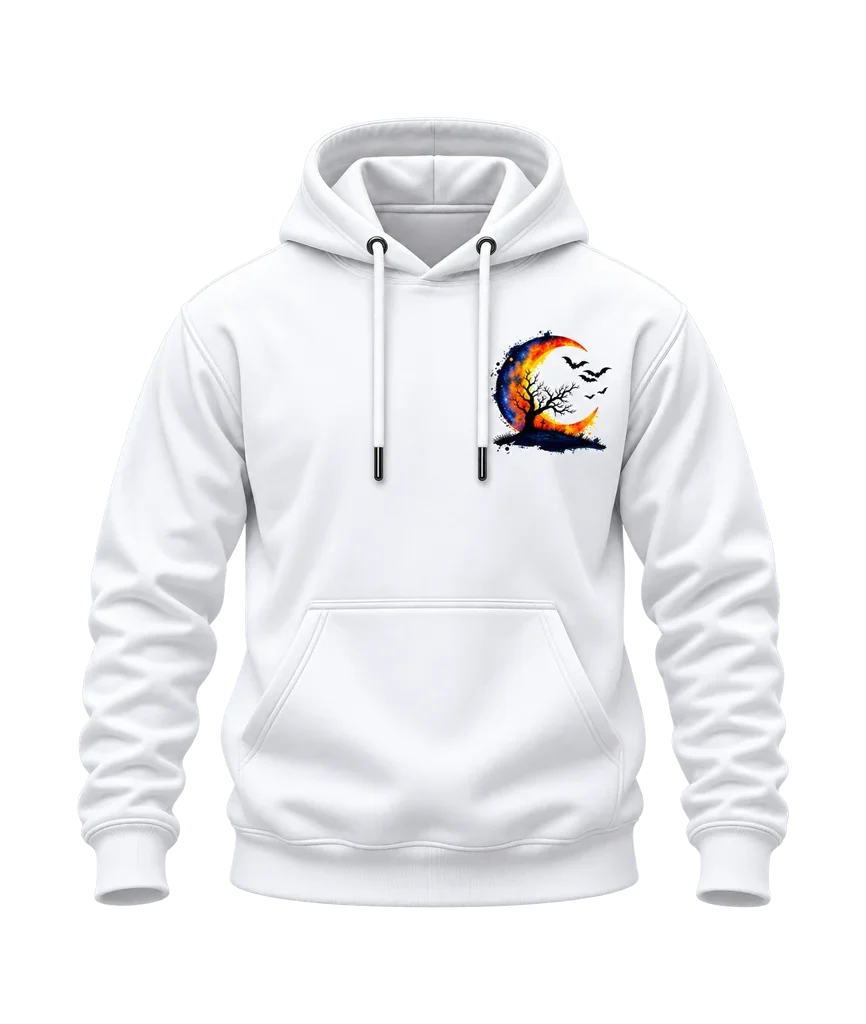 Watercolor Halloween Crescent Moon and Bats Dual-Print White Hoodie
