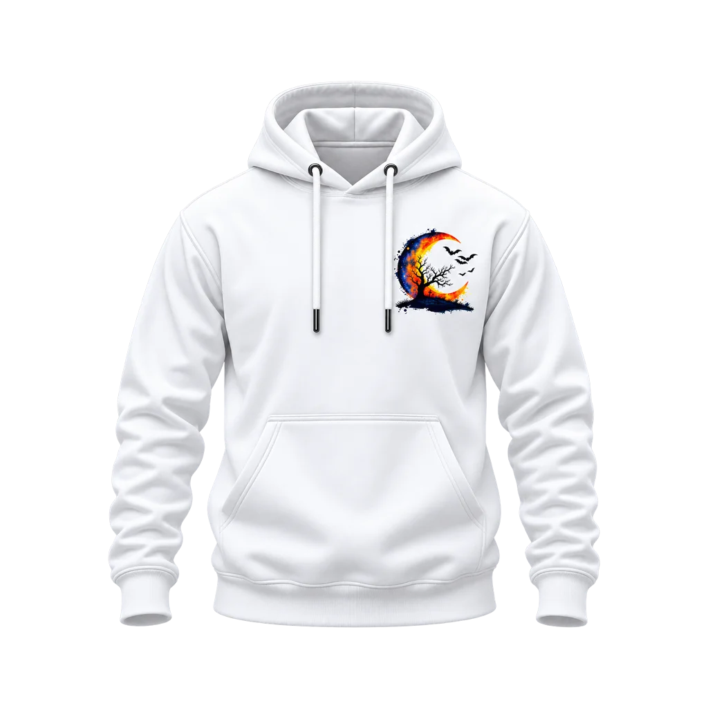 Watercolor Halloween Crescent Moon and Bats Dual-Print White Hoodie
