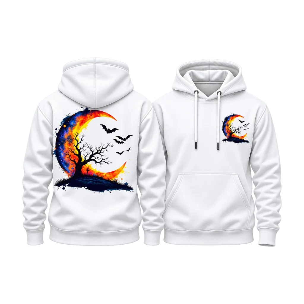Watercolor Halloween Crescent Moon and Bats Dual-Print White Hoodie