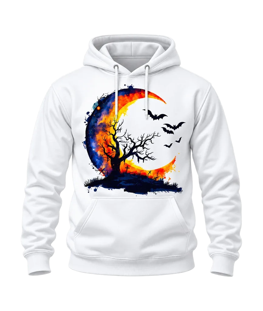 Watercolor Halloween Crescent Moon and Bats White Hoodie