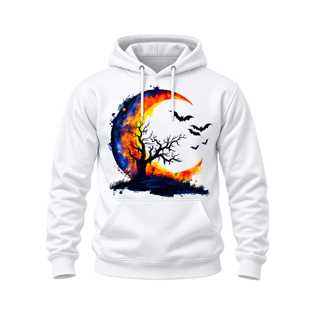 Watercolor Halloween Crescent Moon and Bats White Hoodie