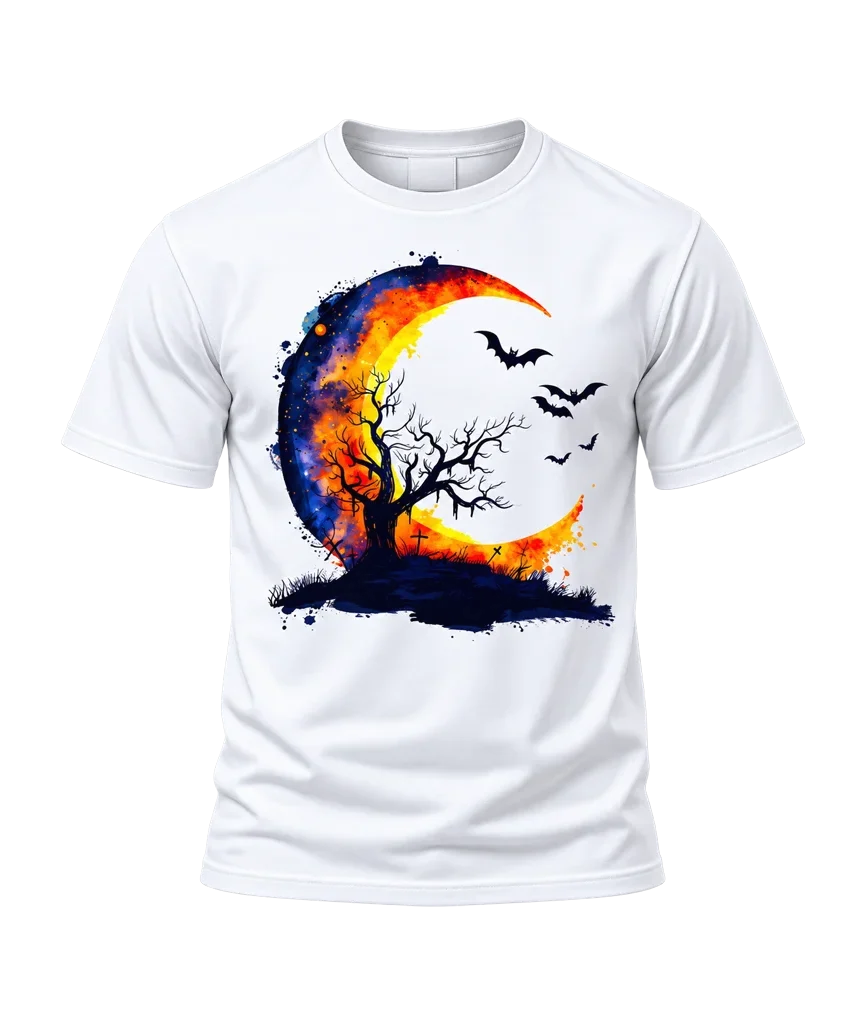 Watercolor Halloween Crescent Moon and Bats White T-Shirt