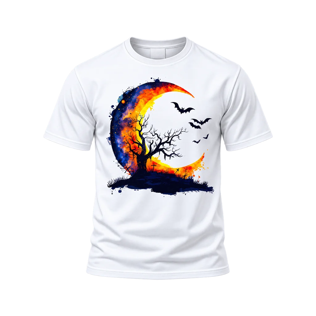 Watercolor Halloween Crescent Moon and Bats White T-Shirt