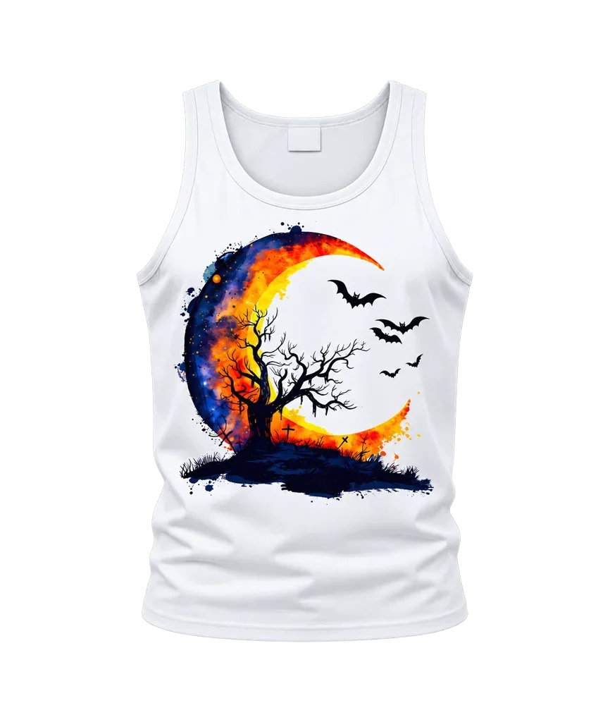 Watercolor Halloween Crescent Moon and Bats White Tank Top
