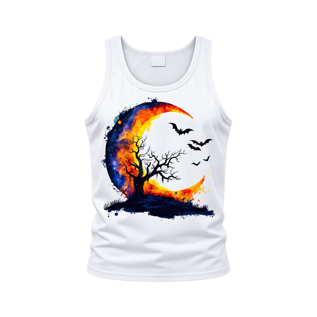 Watercolor Halloween Crescent Moon and Bats White Tank Top