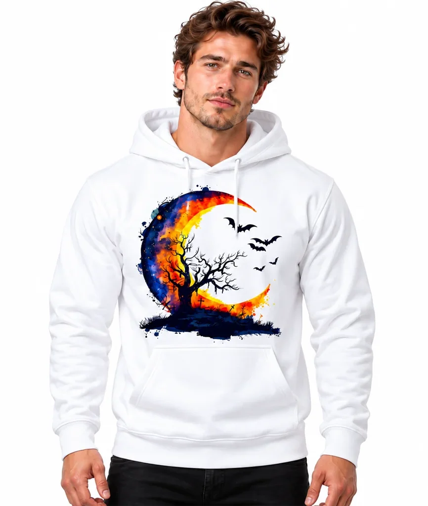 Watercolor Halloween Crescent Moon and Bats White Hoodie