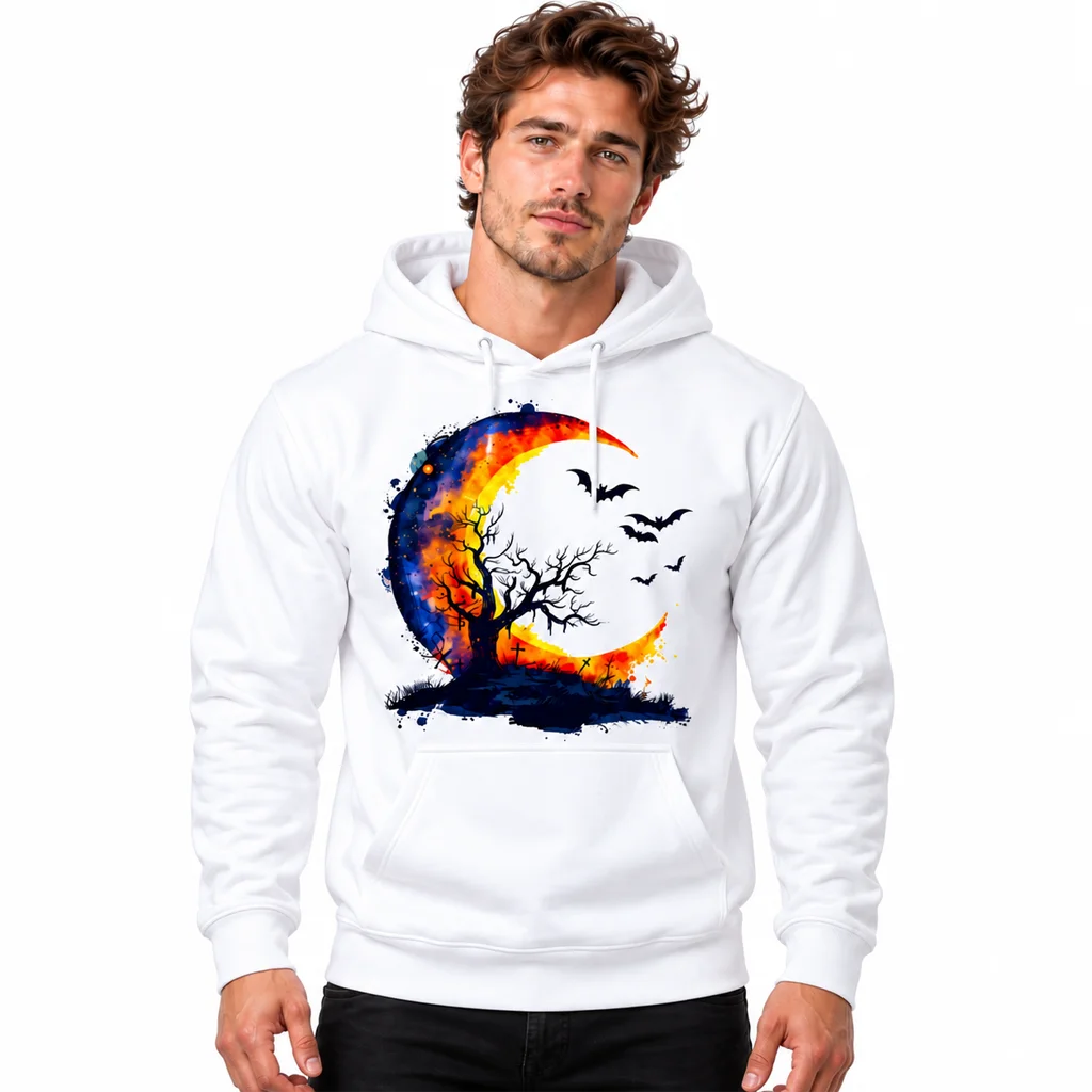 Watercolor Halloween Crescent Moon and Bats White Hoodie