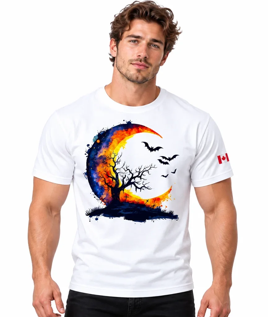 Watercolor Halloween Crescent Moon and Bats White T-Shirt