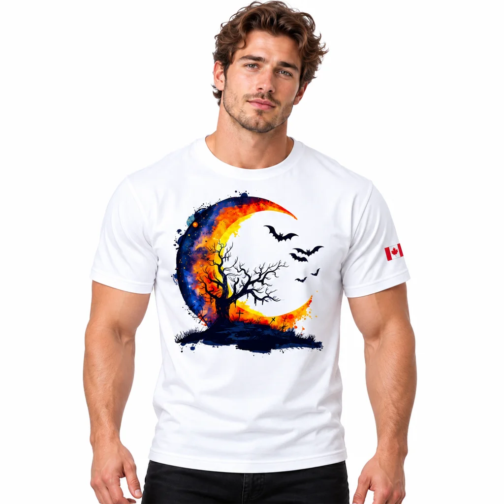 Watercolor Halloween Crescent Moon and Bats White T-Shirt