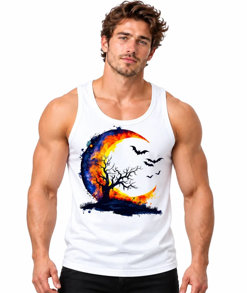 Watercolor Halloween Crescent Moon and Bats White Tank Top