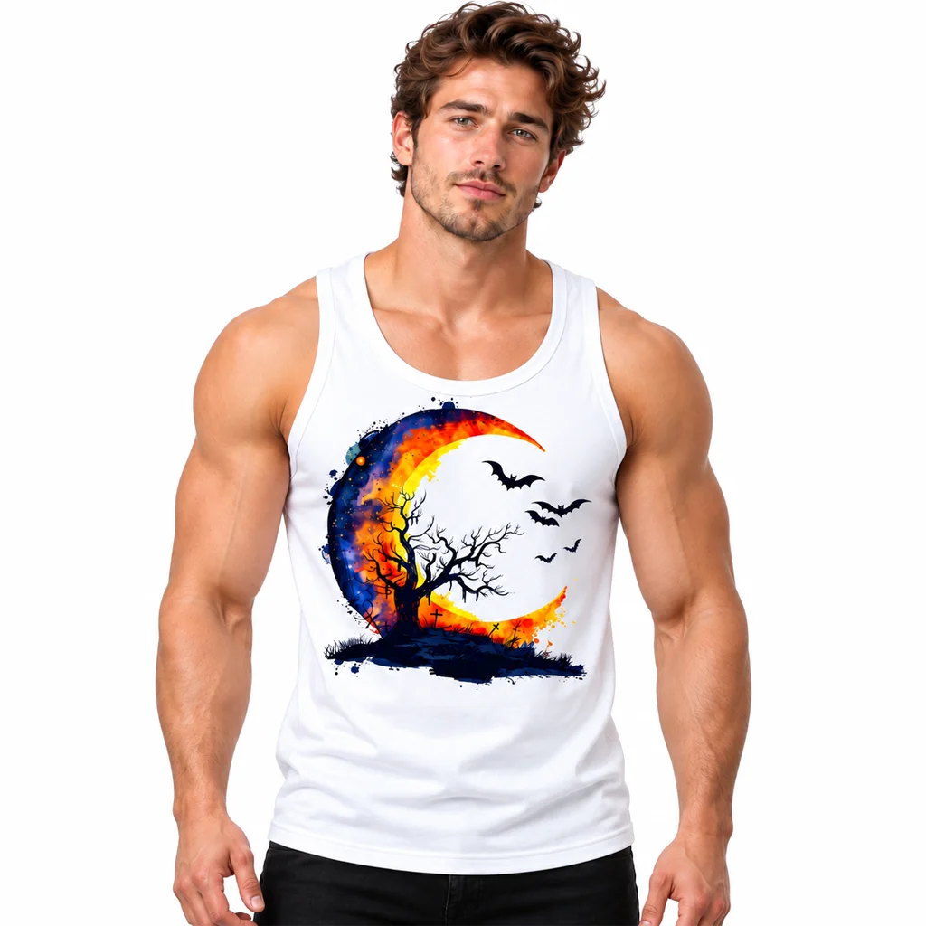 Watercolor Halloween Crescent Moon and Bats White Tank Top