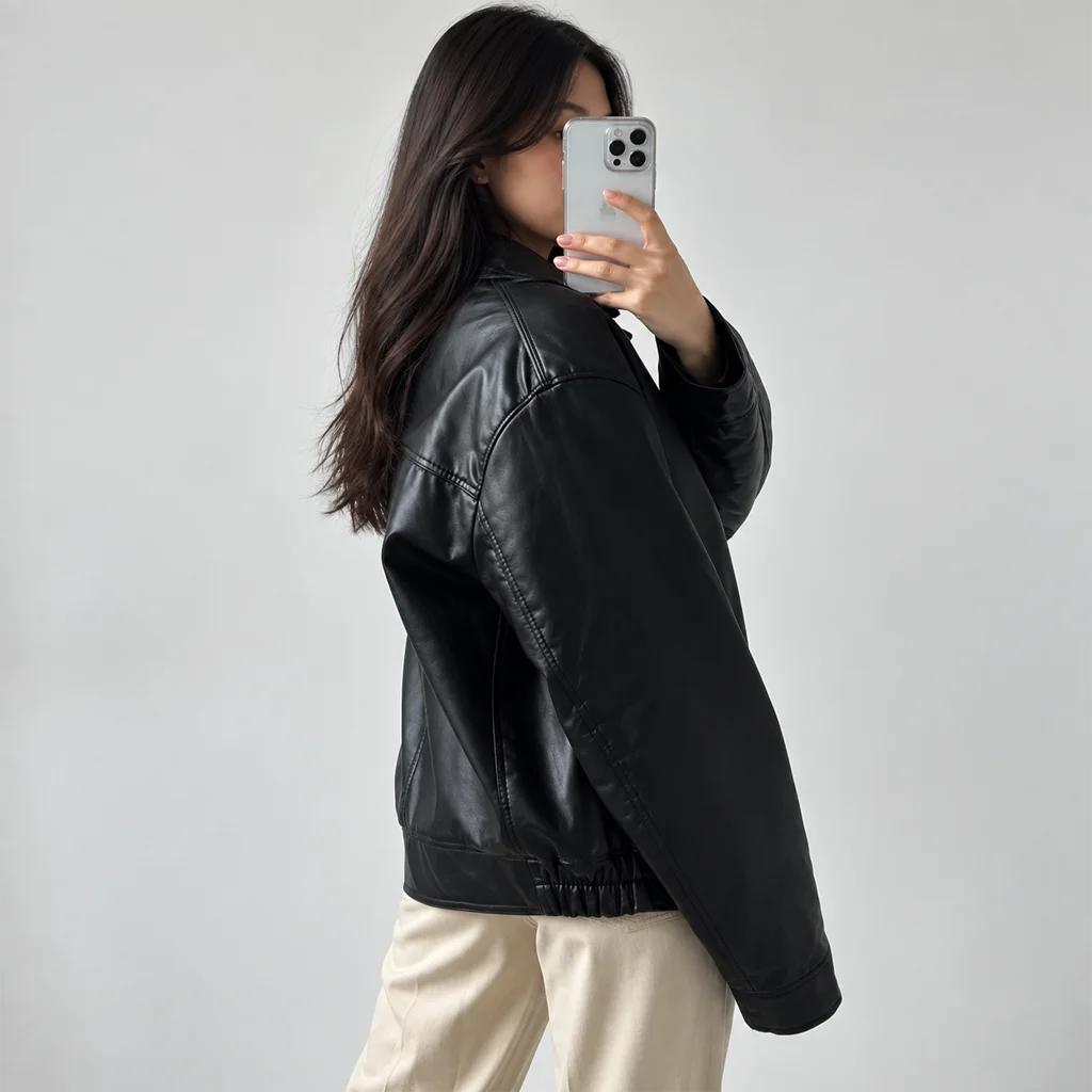 Women’s Oversized 90s-Style Black Leather Bomber Jacket