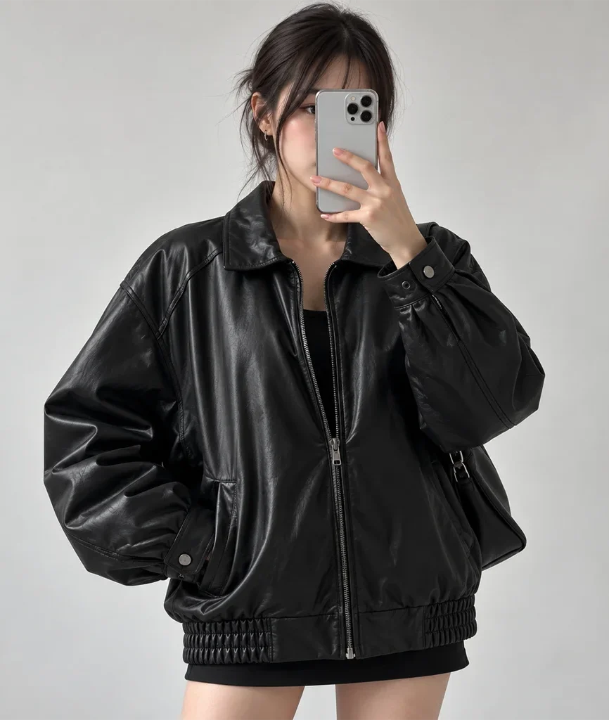 Women’s Oversized 90s-Style Genuine Leather Bomber Jacket