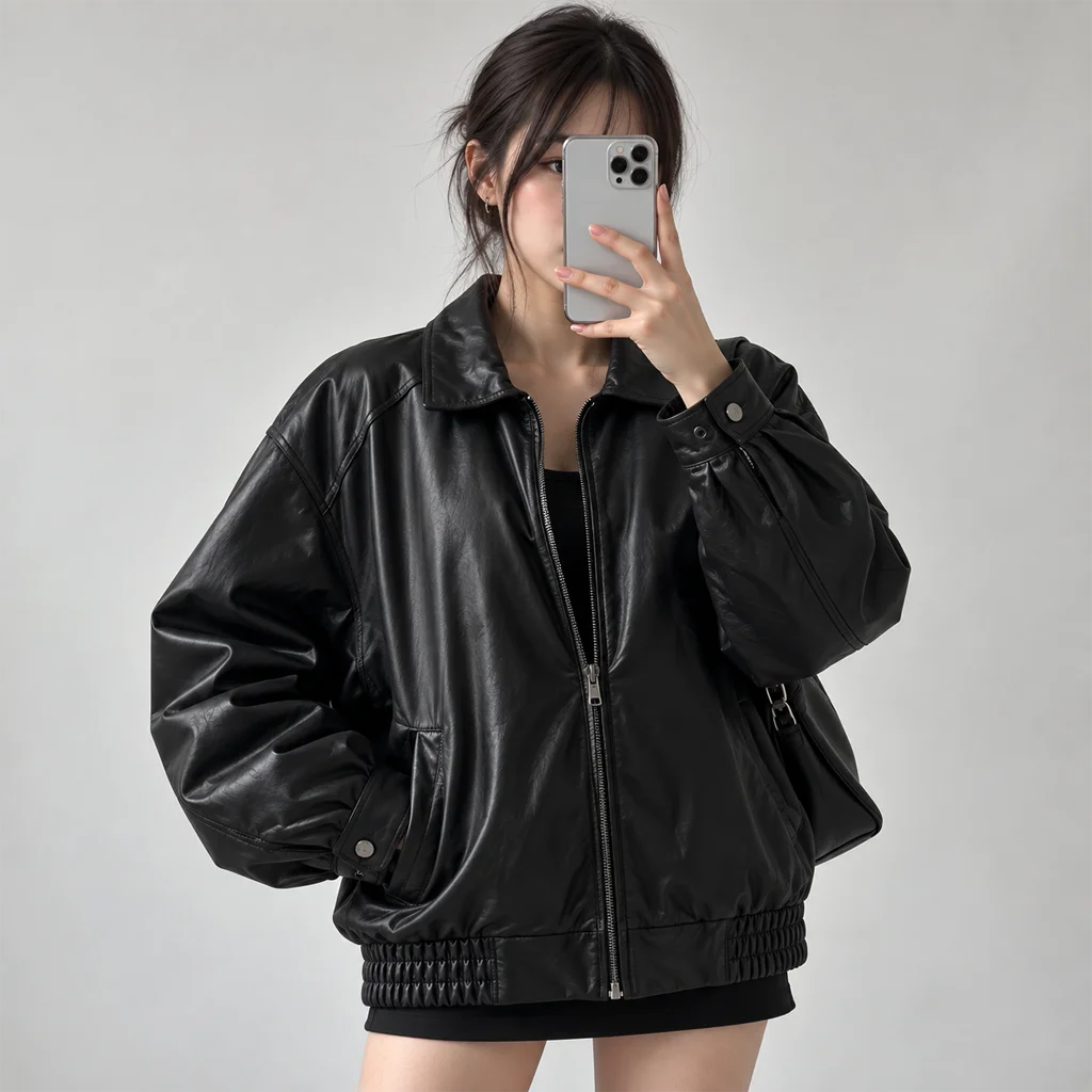 Women’s Oversized 90s-Style Genuine Leather Bomber Jacket