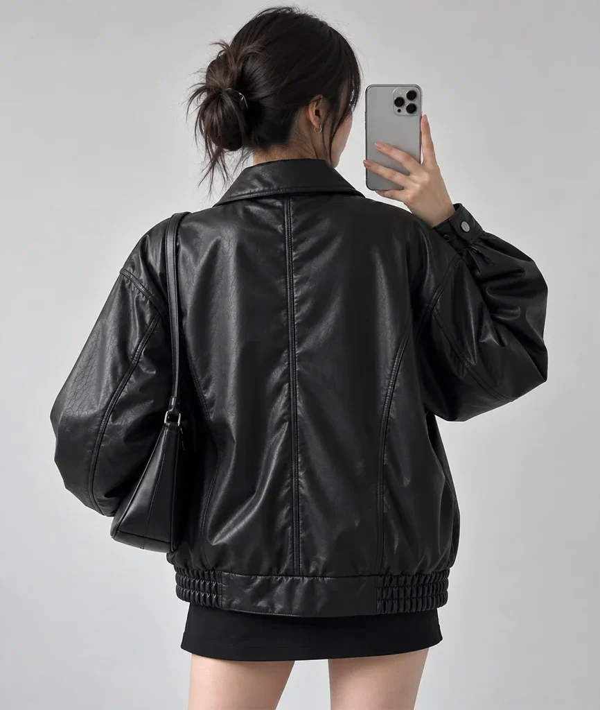 Women’s Oversized 90s-Style Genuine Leather Bomber Jacket