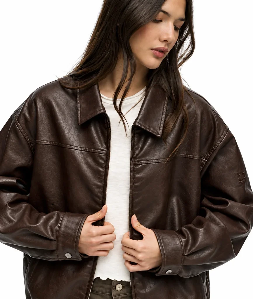 Women’s Oversized Dark Brown Leather Bomber Jacket