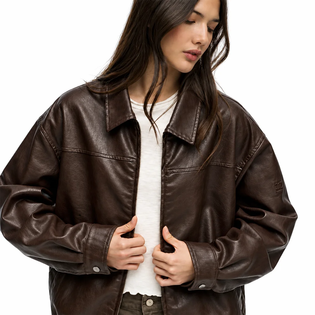 Women’s Oversized Dark Brown Leather Bomber Jacket