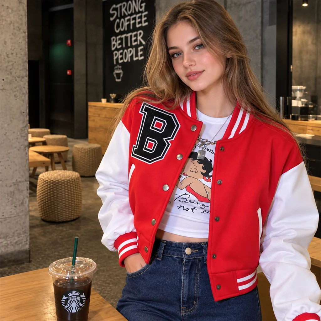 Women’s Red & White B Patch Varsity Jacket