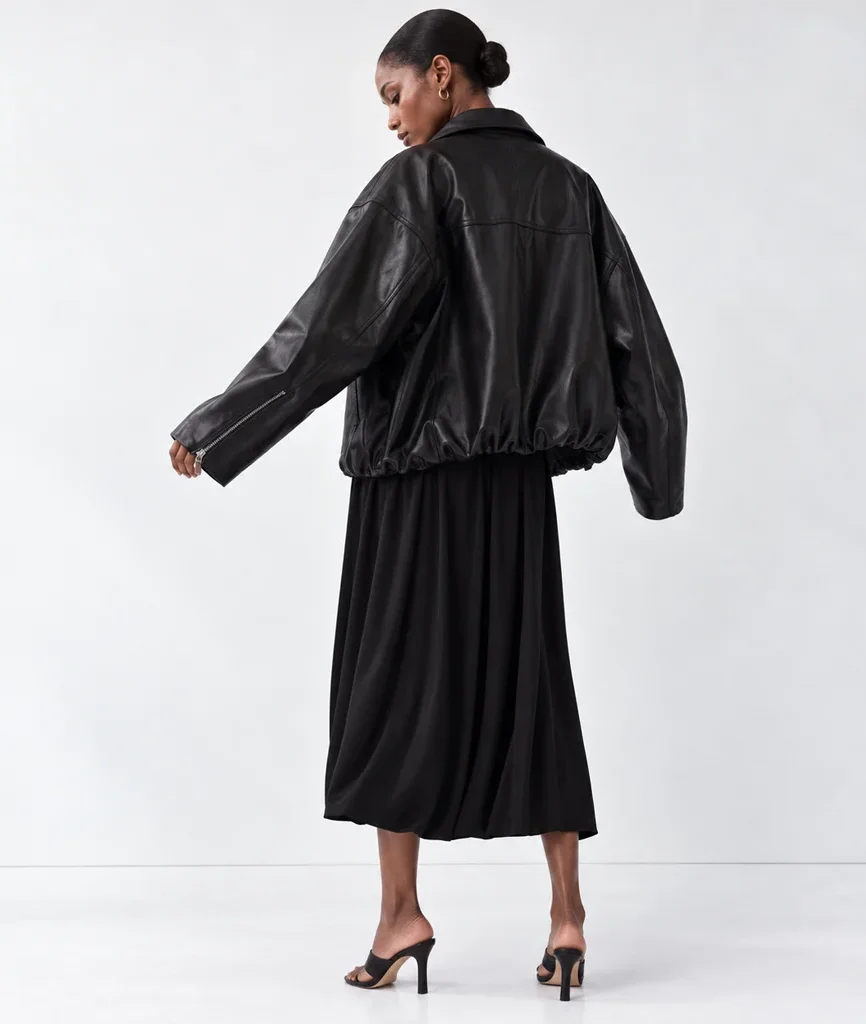 H&M Women’s Oversized Black Leather Bomber Jacket