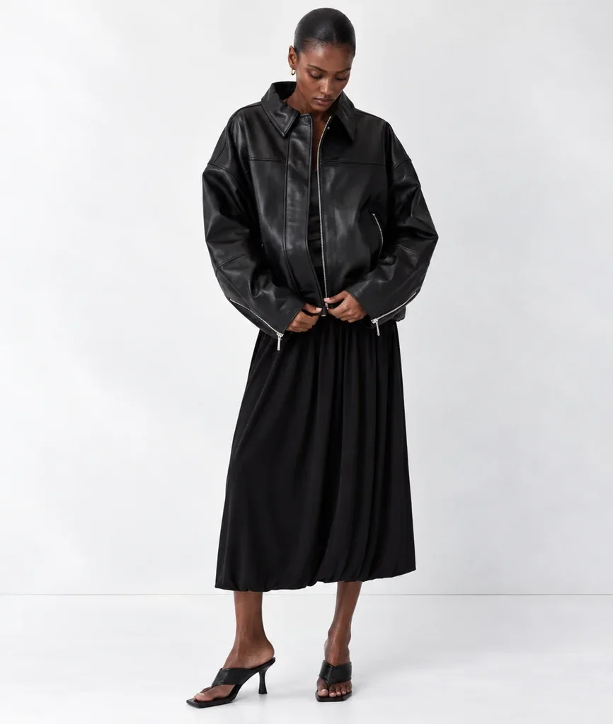 H&M Women’s Oversized Black Leather Bomber Jacket