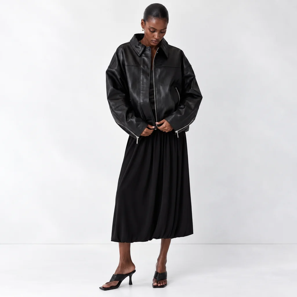 H&M Women’s Oversized Black Leather Bomber Jacket
