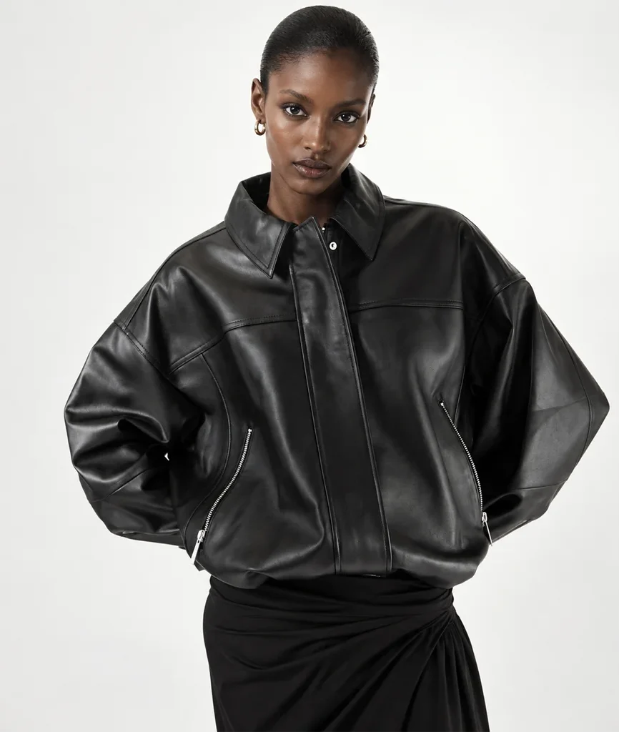 H&M Women’s Oversized Black Leather Bomber Jacket