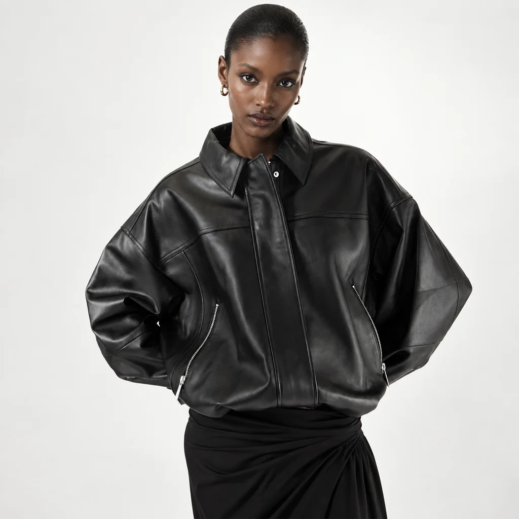 H&M Women’s Oversized Black Leather Bomber Jacket