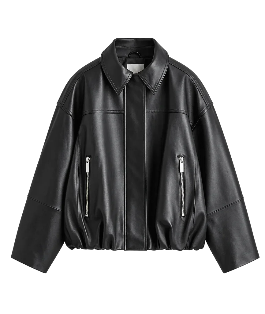 H&M Women’s Oversized Black Leather Bomber Jacket