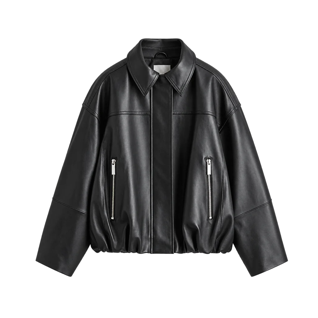 H&M Women’s Oversized Black Leather Bomber Jacket