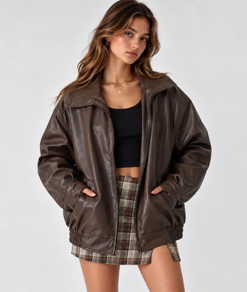 Women’s Oversized 90s-Style Leather Bomber Jacket