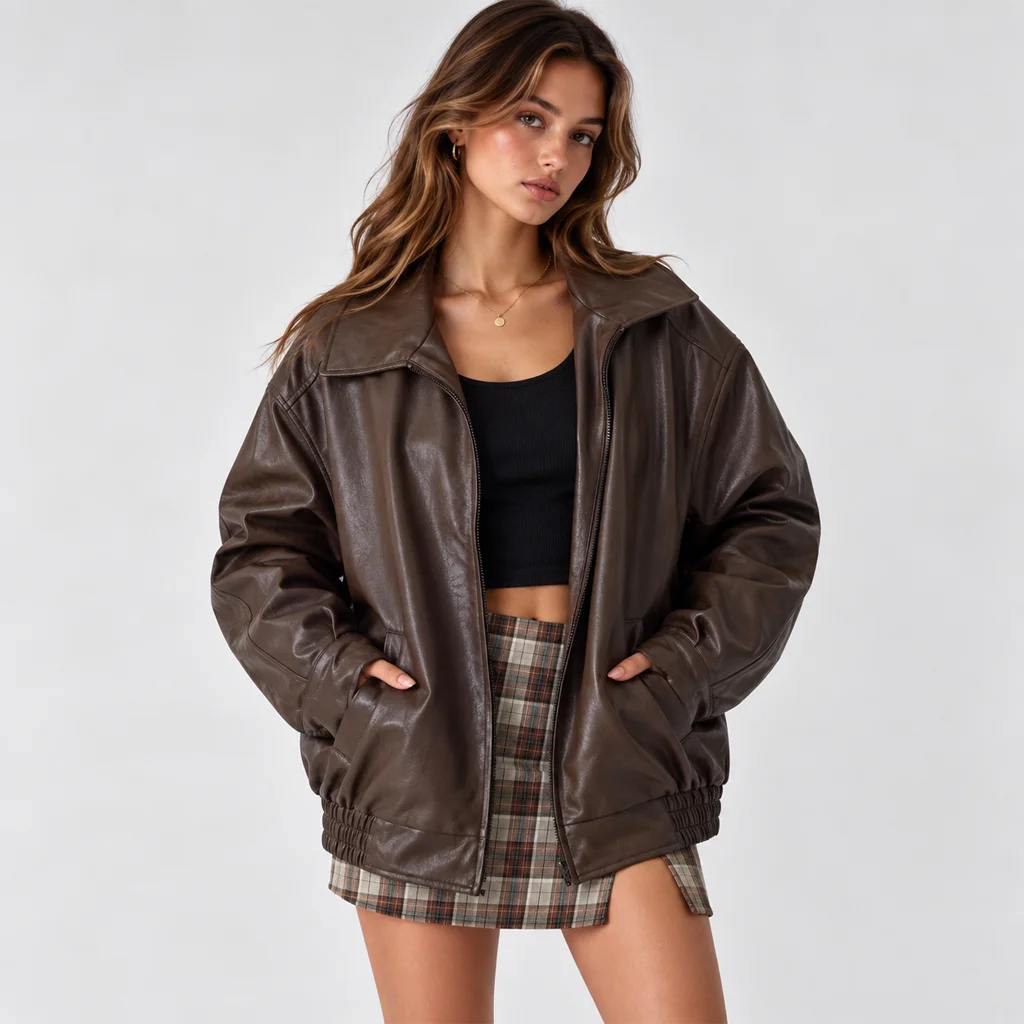 Women’s Oversized 90s-Style Leather Bomber Jacket