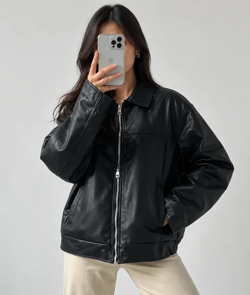 Women’s Oversized 90s-Style Black Leather Bomber Jacket