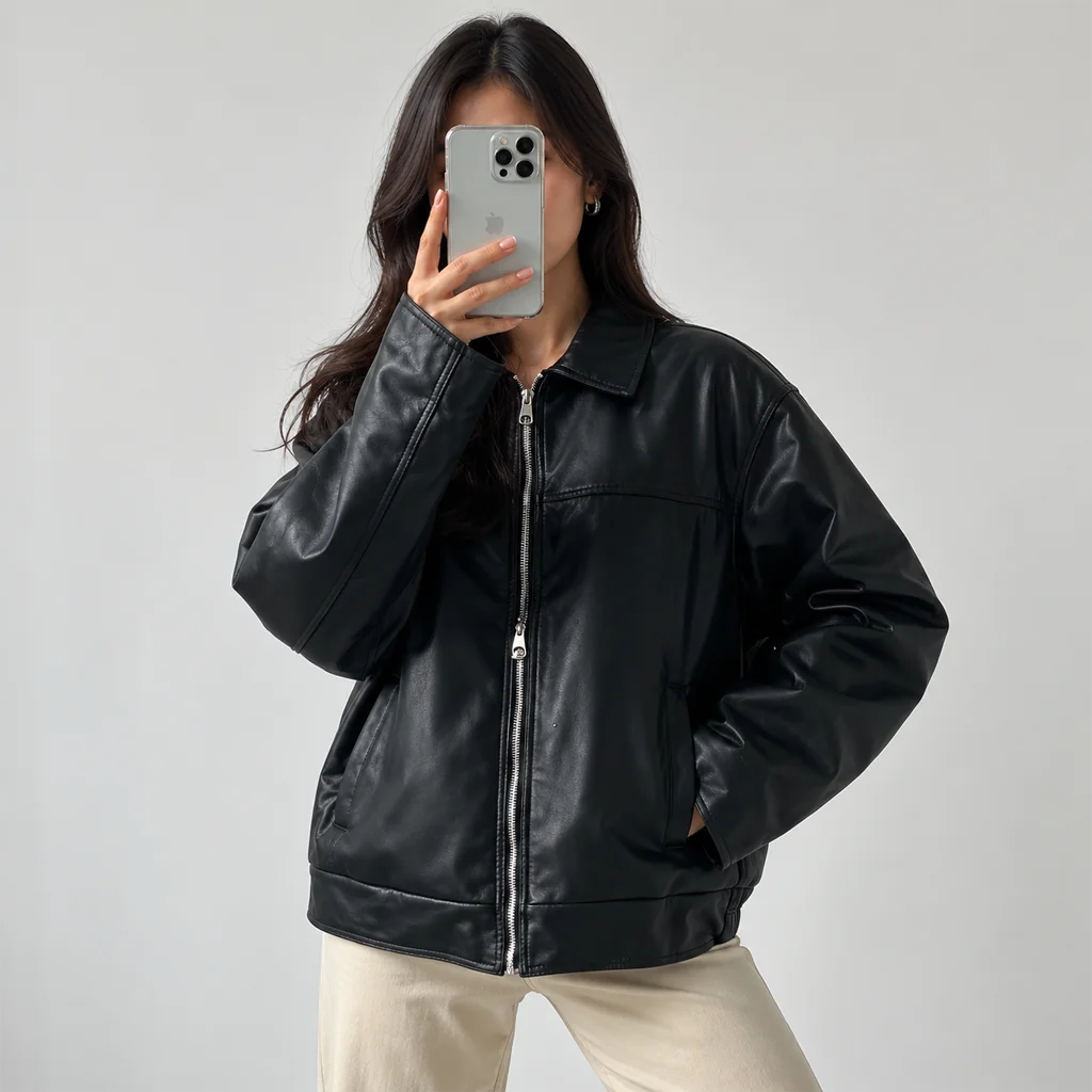 Women’s Oversized 90s-Style Black Leather Bomber Jacket