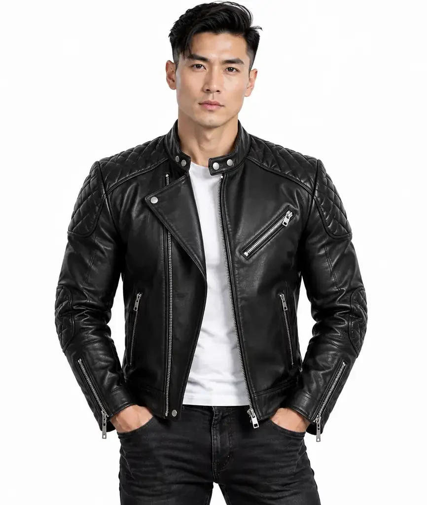Black Padded Shoulder Biker Jacket