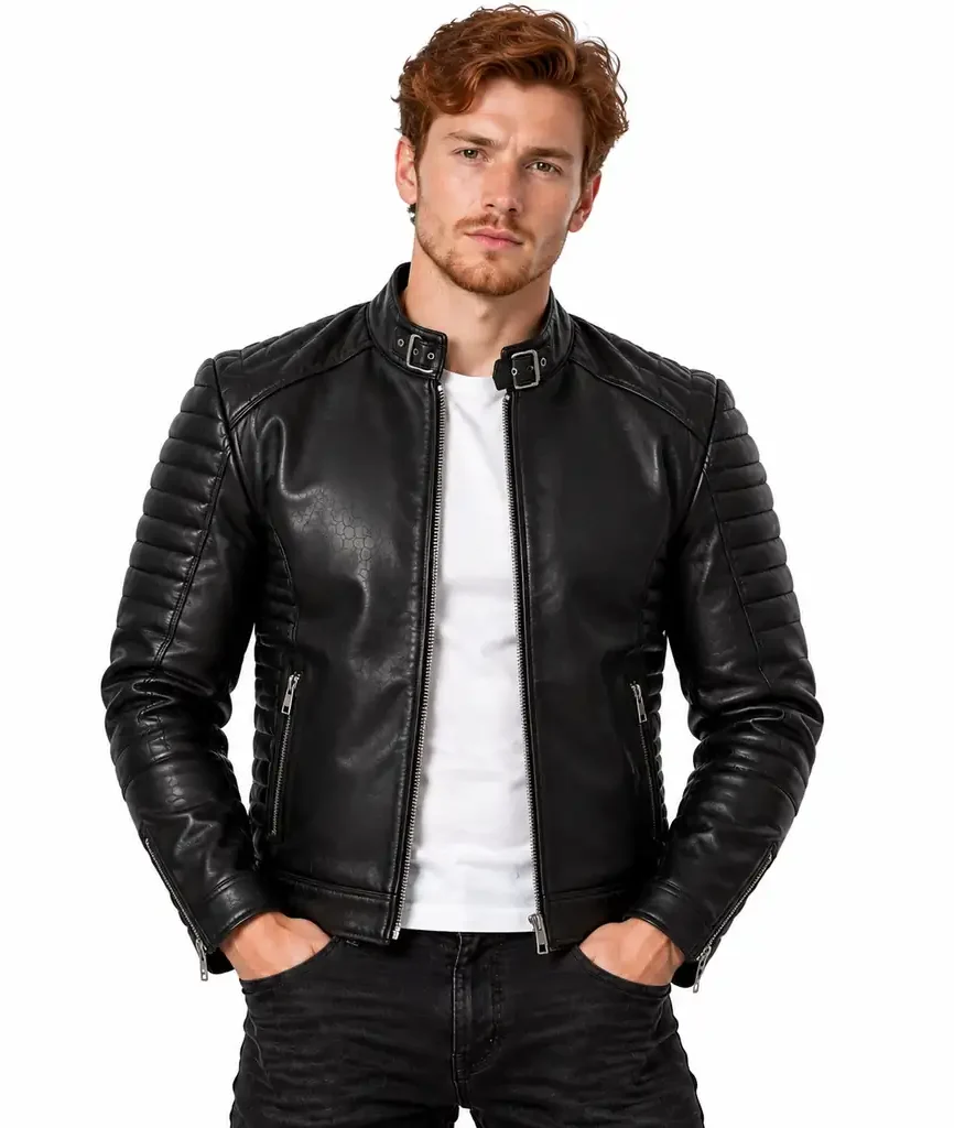 Black Quilted Panel Biker Jacket
