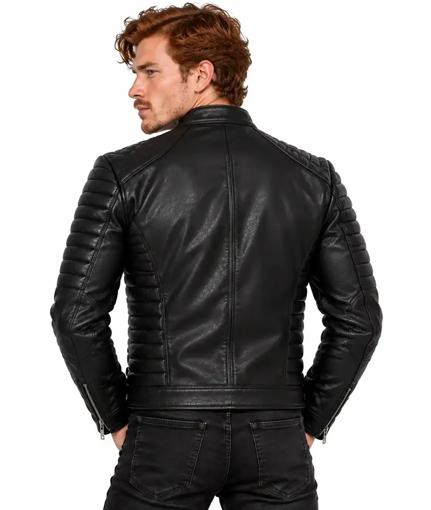 Black Quilted Panel Biker Jacket