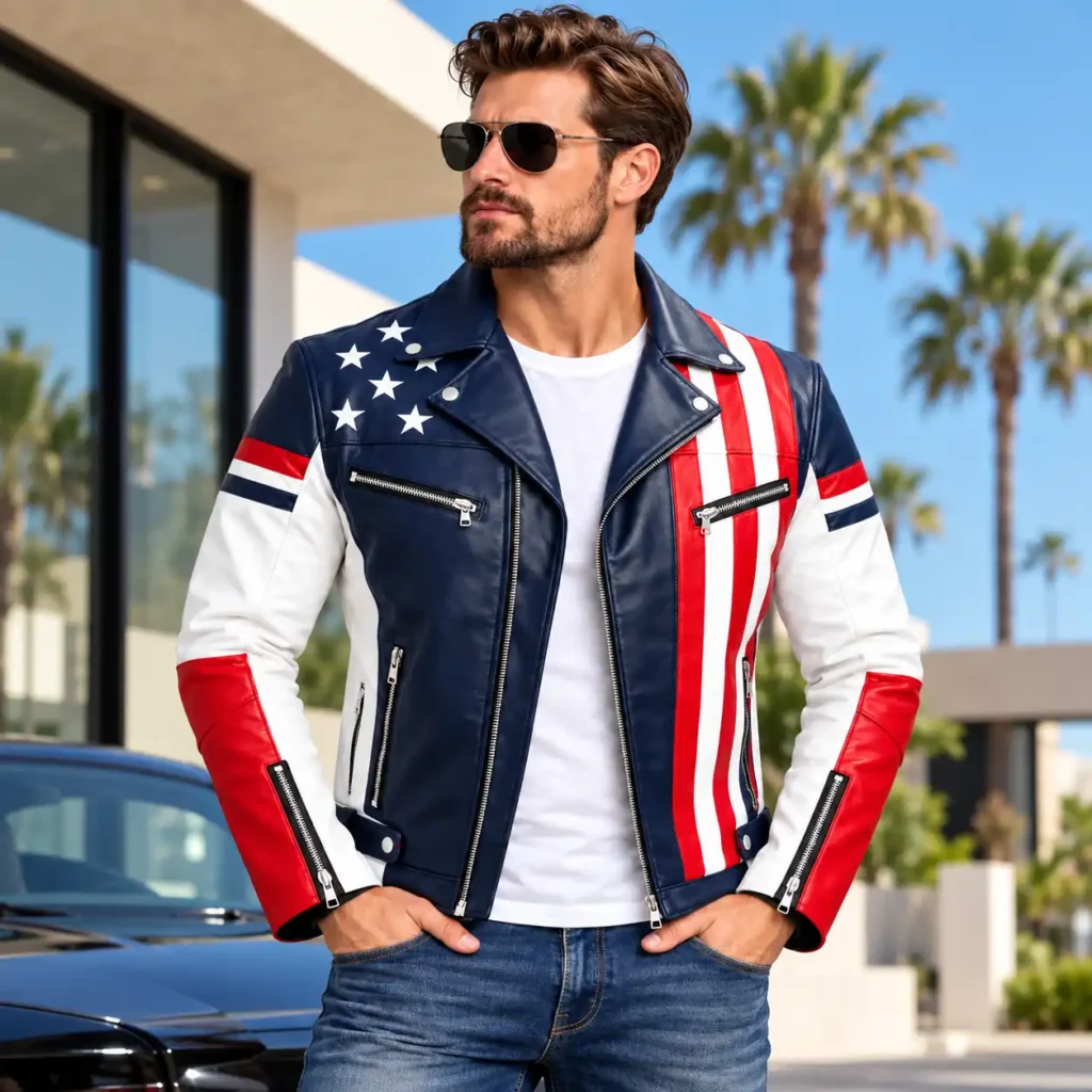 Captain America USA Flag Leather Biker Jacket